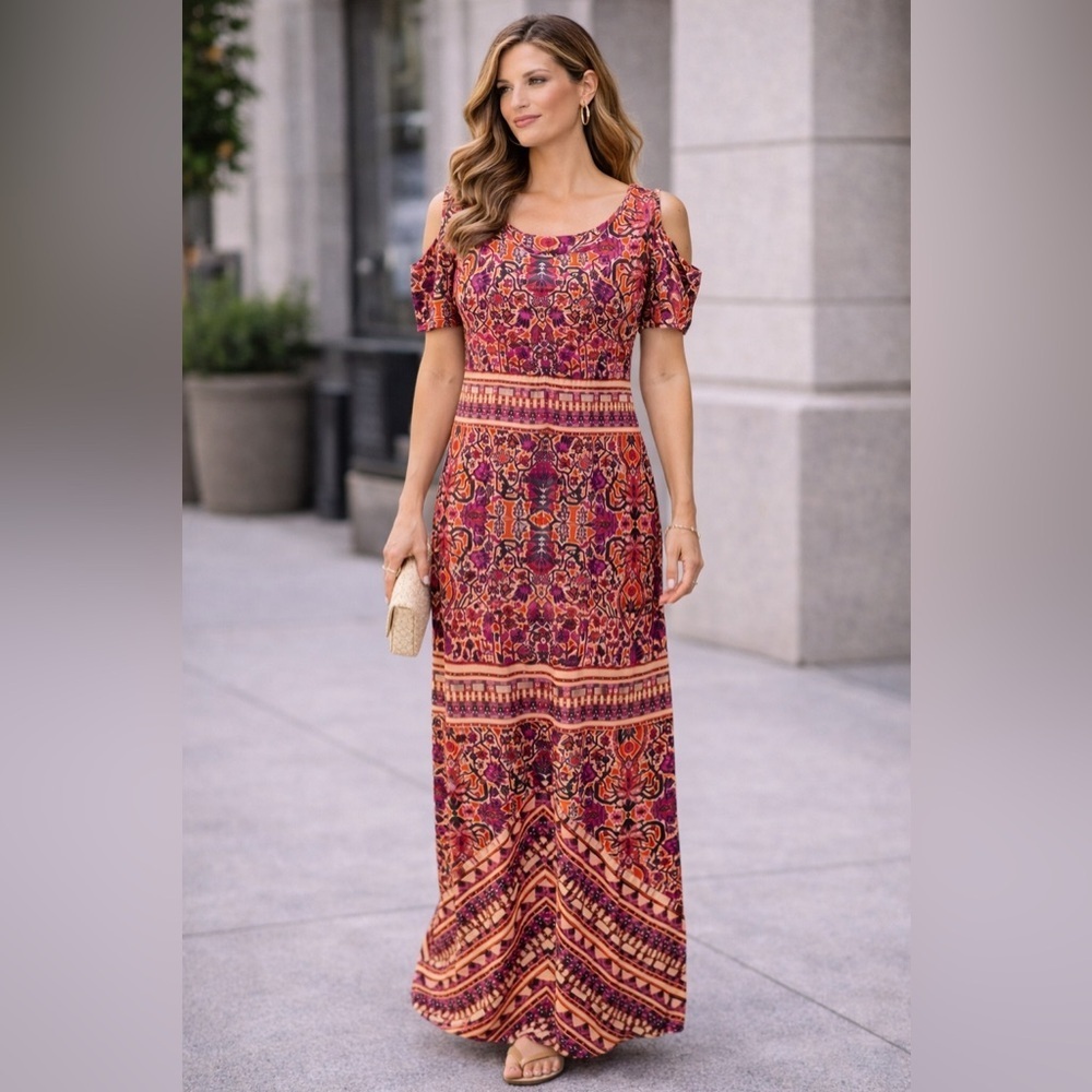 Emma & Michele Boho Maxi Dress Cold Shoulder Short Sleeve Size L